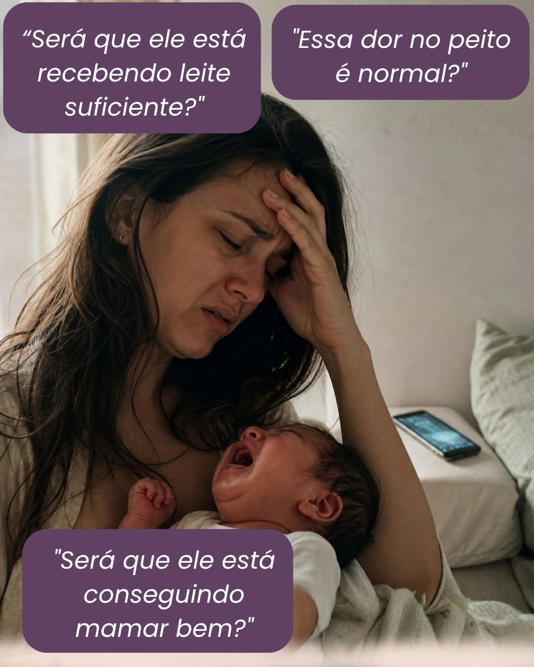 Mãe amamentando com dúvidas